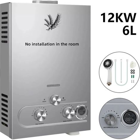Chauffe-eau instantané au GPL, 6 L 12 kW, Chauffe-eau propane/butane avec affichage LED et protections de sécurité, Chauffe-eau extérieur (1/5)