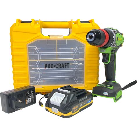 Procraft PA18ProDFR2-1B-C Trapano avvitatore a batteria 20 V 30 Nm Brushless + 1x batteria 2,0 Ah + caricabatterie + set di 13 punte + valigetta