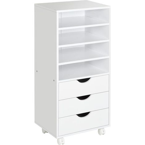Caisson blanc 3 tiroirs et 4 étagères ouvertes sur roulettes, 38x40x86,8 cm, rangement bureau pratique design (1/5)