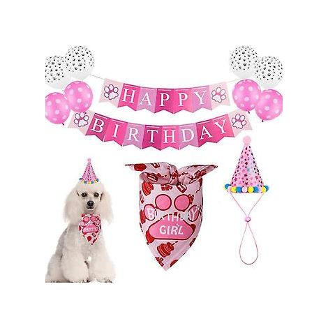 11-teiliges Set, rosa Hundegeburtstags-Bandana, Hundegeburtstags-Mütze, Schal, Flagge, Luftballon mit niedlichen Hundegeburtstags-Partyartikeln und Dekorationen