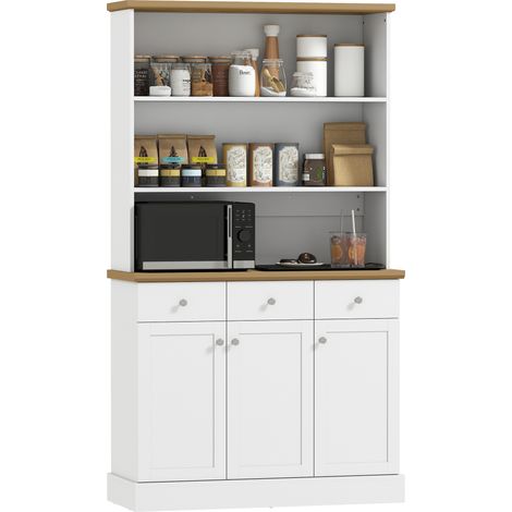 Meuble de cuisine étroit 3 étagères ouvertes, 3 tiroirs et 2 placards, buffet de rangement en bois blanc, pour salon, salle à manger, 101x39x180.5 cm