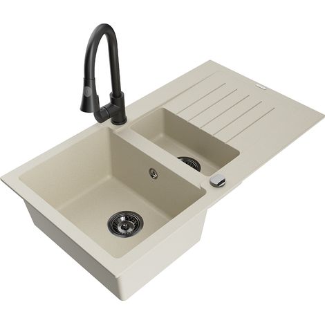 Mexen Matias granitspüle 1,5-becken mit abtropffläche und küchenarmatur Elia, beige - 6502-69-670101-70 (1/5)