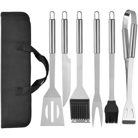 Lot de 5 ustensiles de barbecue en acier inoxydable avec sac de transport, spatule, pince et fourchette, accessoires pour barbecue, cuisine, camping en plein air (1/4)