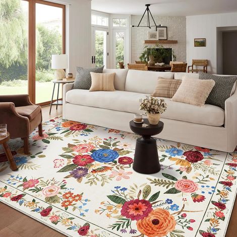 Très Grand Tapis Vintage de Salon 300x400 cm Lavable, Motif Fleuri Boho, Doux & Antidérapant à Poil Court, pour Chambre, Salle à Manger, Chambre d'enfant, Bureau, Beige