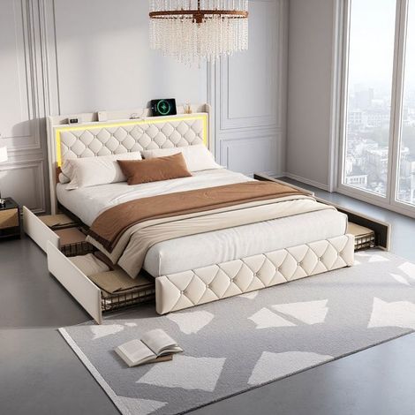 Cama doble 160x200 cm acolchada - Terciopelo beige - 4 cajones de almacenamiento - Cabecero LED RGB USB Tipo-C - Somier de lamas (1/5)