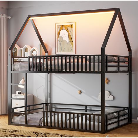 Letto a castello per bambini 140x200 cm, metallo nero, LED, barriera, casetta (1/5)
