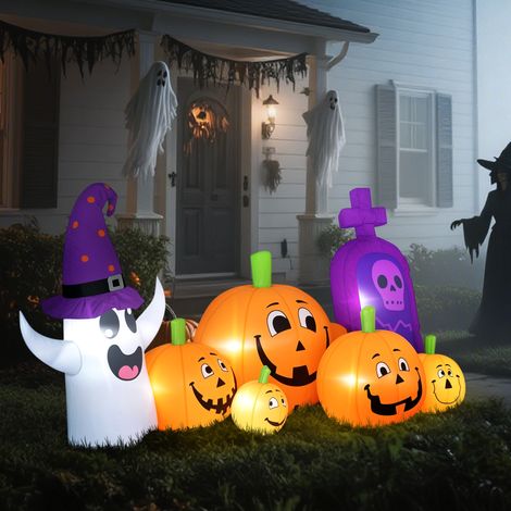 Aufblasbarer Halloween-Kürbis mit Geistergrabstein, LED-Beleuchtung, Schutzart IP44 und Pumpe für Partys, 240 x 130 x 130 cm, mehrfarbig