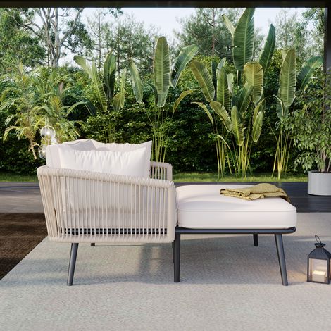 Canapé extérieur beige avec 2 coussins amovibles lavables et 2 rembourrages, ensemble lounge pour balcon, terrasse ou jardin, chaise longue confortable