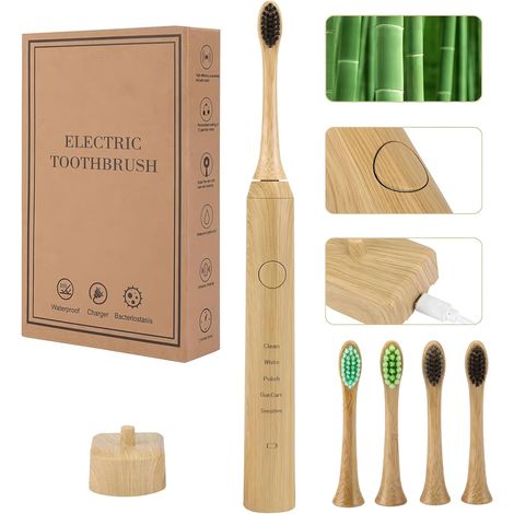 Brosse à Dents Électrique Sonique en Bambou pour Adultes, 5 Modes, Timer Intelligent 2 Minutes, IPX7 Étanche, Moteur 40000 VPM, Nettoyage en Profondeur (jaune)