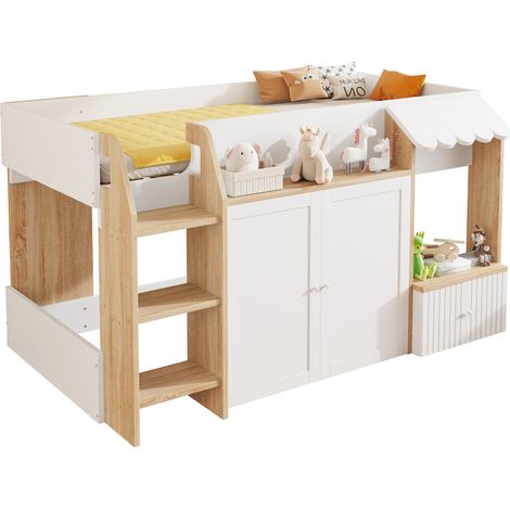 Hochbett 90 x 200 cm aus Holz mit Regalen, Aufbewahrungstüren und Leiter, Ohne Matratze, Weiß und Natur (1/5)