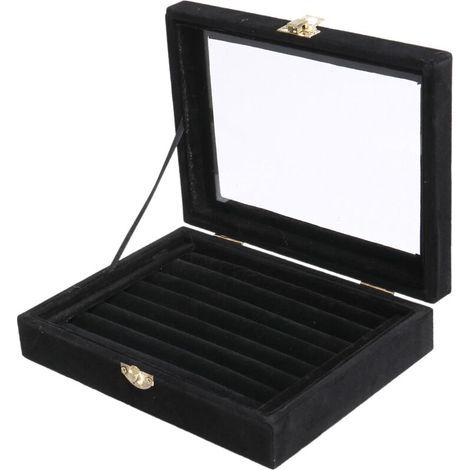 Boîte de Rangement en Velours avec Couvercle en Verre pour Bijoux Bagues Boucles d'Oreilles Noir-Chrom (1/5)