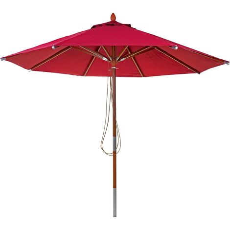 Parasol en bois HHG-521, parasol de jardin, polyester/bois 14kg, corde ronde Ø3m antichocs, bordeaux