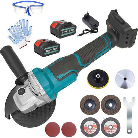 Meuleuse d’angle sans fil 125mm 18V 5,5Ah, Lot Complet 2 Batteries, Chargeur EU, Disques de coupe, ponçage, polissage + Équipements de sécurité inclus (1/5)