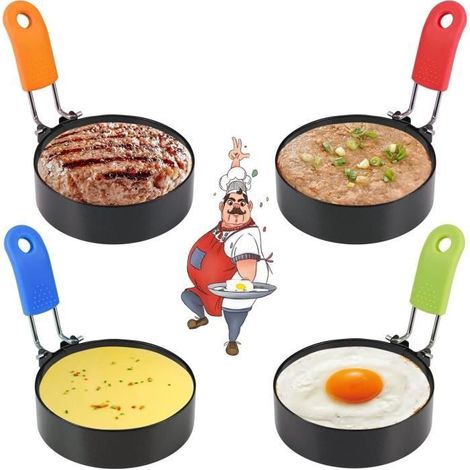 4 Anneaux d'oeuf en Acier Inoxydable, Oeuf au Plat Moule Antiadhésif, Moule à Oeuf avec Poignées Pliantes en Protection Thermique, (1/3)
