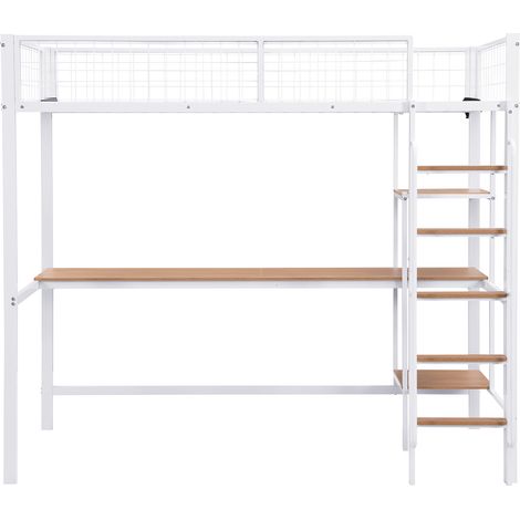 Cama alta de metal con escritorio y estanterías, 90 x 200 cm, blanco y natural (1/5)