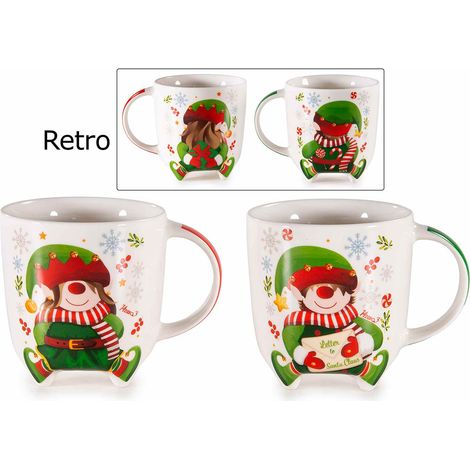 Tasses de Noël en porcelaine imprimé lutins avec petits pieds, lot de 8, diam. 9 cm x H. 9,5