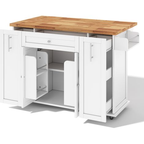 Isla de cocina móvil con encimera abatible, carro de cocina MDF, 120 x 70 x 87 cm, blanca y natural (1/5)
