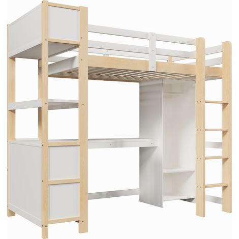Letto a soppalco 90x200 cm con scrivania, ripiani e armadio, pino, naturale (1/5)