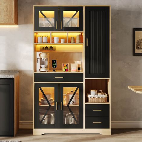 Credenza da cucina 105x40x185 cm nero e naturale in MDF con LED RGB, prese integrate e ripiani regolabili (1/5)