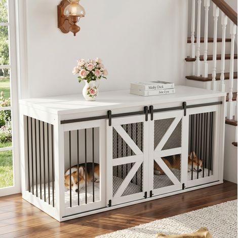 Chenil intérieur pour 2 chiens 160x60x75 cm en MDF et métal blanc, gain de place salon FloraGrace (1/5)