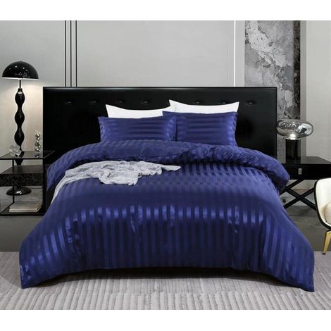 Bettwäsche-Set 200x200cm Dunkelblau Satin Gestreift mit Reißverschluss