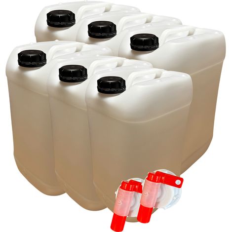 Lot de 6x Bidon Jerrican Plastique 25 Litres Blanc avec 2 Bouchons Verseurs
