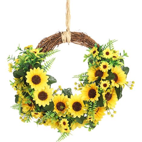 Couronne De Tournesol - Couronne Artificielle En Soie Avec Fleurs Jaunes Et Feuilles Vertes - Pour Porte D'Entrée Mur Intérieur Ou Extérieur Décoration Mariage - 40 Cm (1/5)