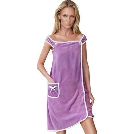 Serviette de Bain, Accessoires de Sauna Robe de Sauna Kilt Femme, Serviette de Spa en Éponge Boutonnée, Poches Élastiques Robe de Sauna Femme, Serviette de Sauna Réglage de la Taille (1/5)