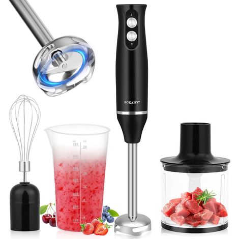 4-en-1Mixer Plongeur, Mixeur Plongeant Multifonction 500w, 2 Vitesses Variables, avec Fouet, Hachoir de 500ml et Verre Doseur 700 ml, pour Préparations, BébéS, Soupes, Smoothies et Purées (1/5)