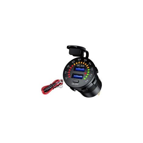 Caricabatterie da auto doppio USB QC3.0 da 36 W, presa USB impermeabile da 12 V con voltmetro digitale a colori, interruttore on/off e fusibile integrato da 10 A per auto, moto, barche, ATV, autobus e