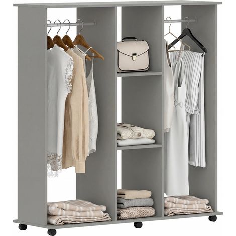 Armoire penderie meuble de rangement mobile 6 roulettes 120 x 40 x 128 cm en bois gris