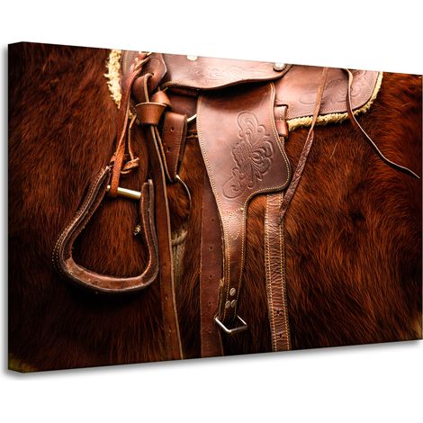 Lienzo impreso con animales, silla de montar a caballo, 90x60 cm.
