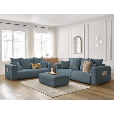 BOBOCHIC - Ensemble canapé droit fixe 3 + 2 places SIDONIE velours côtelé avec pouf Bleu foncé (1/5)
