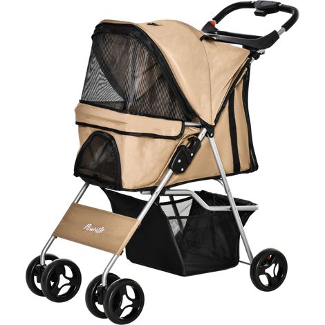 Poussette Transporteur Pliable 4 Roues Chat Chien Porte-Gobelet Panier Rangement Roues Avant 360° Pliage Rapide Café (1/5)
