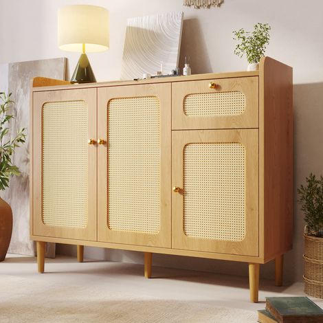 Buffet bas 120x40 cm avec 3 portes effet cannage, tiroir, étagères réglables et charnières soft-close, MDF, Effet chêne (1/5)