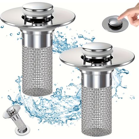 Lot de 2 crépines d'évier escamotables en acier inoxydable avec panier amovible - Compatibles avec les bondes de baignoire/douche, le bouchon anti-cheveux empêche les obstructions