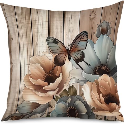 Housse de coussin imprimé bois et fleurs, 60x60 cm (1/5)