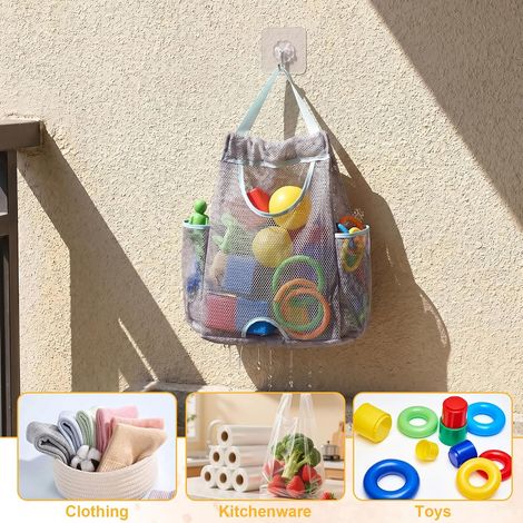 Rangement Jouet Bain,2 Pièces Filet Jouet Bain avec 1 Crochets Adhésifs,Organisateur Salle de Bain pour Cuisine Douche Chambre,Double Bavette Latérale Filet à Mailles Serées(Gris) (1/5)