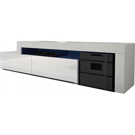 Dusine – Meuble TV extensible blanc laqué avec LED – Dimensions 148/280 x 37 x 45 cm – Mélaminé certifié FSC – Fabrication européenne (1/4)