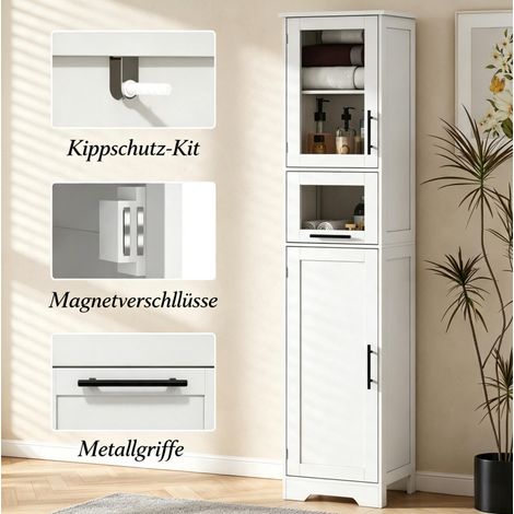 Colonna bagno 40x31x170 cm in MDF bianco con 1 cassetto salvaspazio – MEUBLIV (1/5)