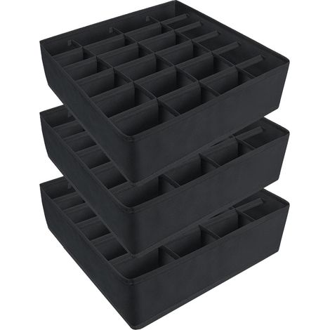 Lot de 3 Organisateurs de Tiroir Pliables - Boîtes de Rangement Textile Respirant pour Chaussettes et Cravates - Noir