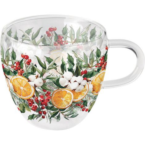 Tasse à thé en verre double paroi  Agrumes et feuillage de Noël (1/2)