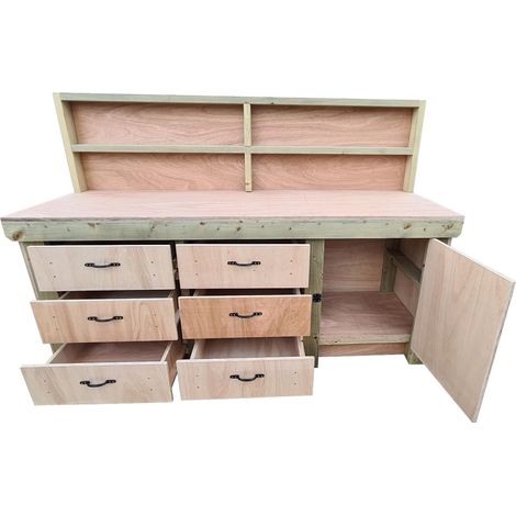 Wooden Eucalyptus hardwood top workbench, cabinet with lockable cupboard (V3) (H-90cm, D-70cm, L-240cm) with back