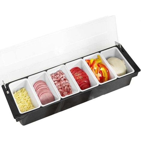 Vassoio a 6 scomparti, stazione di guarnizione rimovibile, distributore di ingredienti per pizza in plastica, riutilizzabile per casa o ristorante, vassoio di guarnizione refrigerato