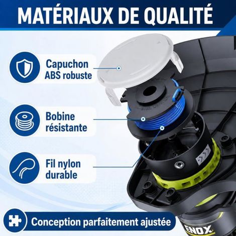 Lot de 12 bobines + 4 couvercles pour coupe-bordure Ryobi One+ (18/24/40V), compatible AC14RL3A, fil nylon Ø1.65mm x 3.35m. Corvina (1/5)