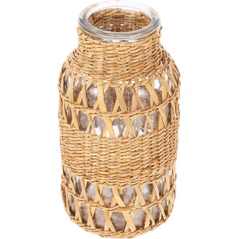 Vase en Verre en Rotin Tressé Bohème Taille S2 Décoratif pour Fleurs et Plantes Jardinière Simple et Naturelle Accessoire pour Bureau et Maison (1/5)