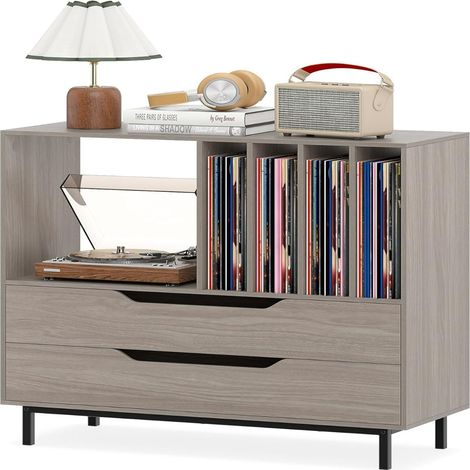 Meuble pour platine vinyle 91 x 36 x 87 cm stabilisé avec rangement fonctionnel et style rétro en MDF gris