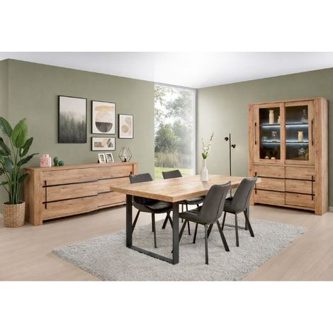 Salle à manger complète industrielle OTTARIA – Buffet en bois avec portes coulissantes – Table 200cm pour 6 personnes – Pied en métal (1/5)
