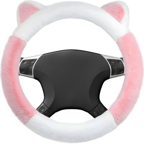 Housse de volant d'hiver duveteuse avec oreilles mignonnes - Protection de volant douce et moelleuse, accessoire universel antidérapant et chaud pour l'intérieur de votre voiture (rose) (1/5)