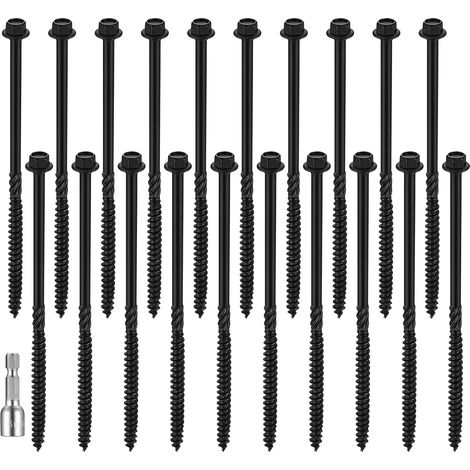 20 Pcs Vis à Bois, Vis 6,7 x 150 mm, Vis à Tête Hexagonale, Vis à Tête Bombée, Assortiment de Vis Autotaraudeuses, Vis a Bois, Vis Universelles pour Terrasse Construction de Toit(6,7 x 150 mm, Noir) (1/5)